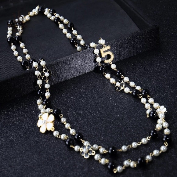 Pearl Camellia Number5 Flower Double Long Necklace - Picture 14 of 16